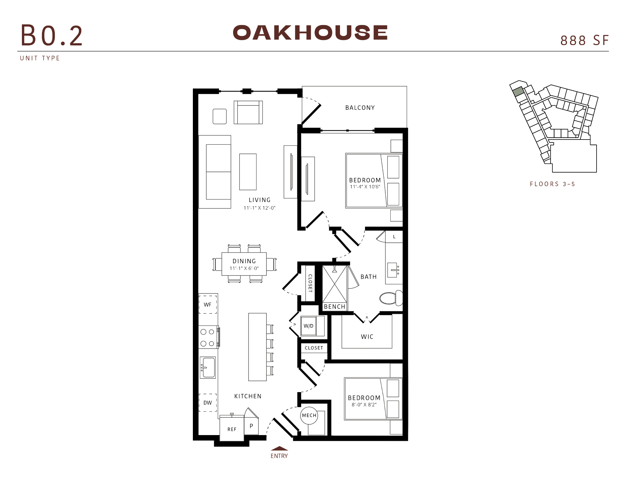 Floor plan for 2 beds, 1 bath, 888 sqft